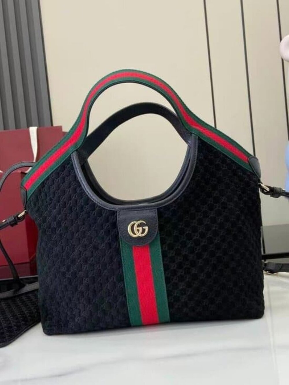 Gucci GG Supreme Canvas Crossbody with Green-Red Web and Yellow Accents